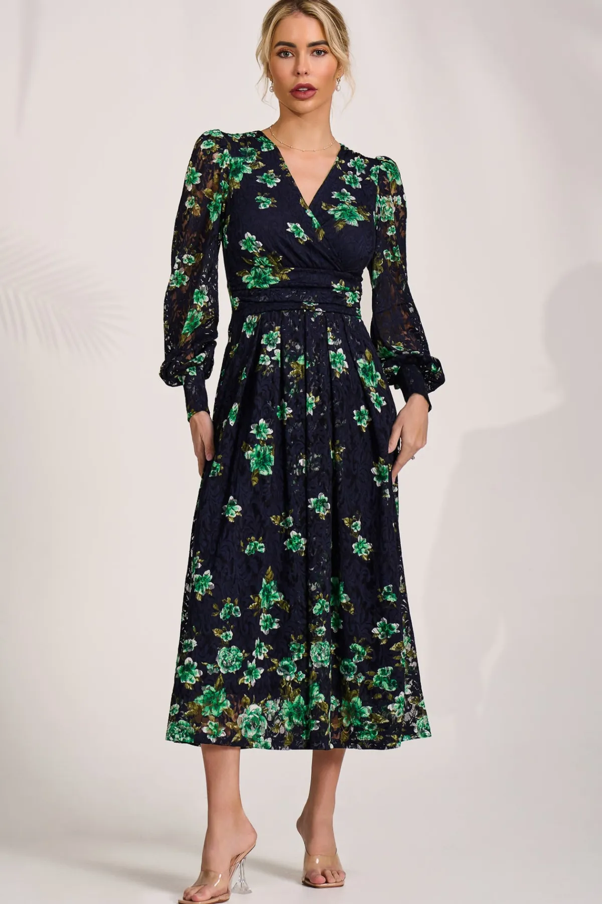 Jolie Moi Occasion Dresses|Floral Dresses-Long Sleeve Printed Lace Maxi Dress, Navy Floral