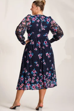 Jolie Moi Occasion Dresses|Floral Dresses-Long Sleeve Printed Lace Maxi Dress, Navy Pink Floral