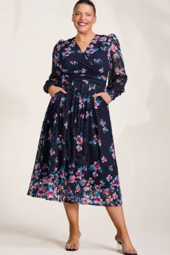 Jolie Moi Occasion Dresses|Floral Dresses-Long Sleeve Printed Lace Maxi Dress, Navy Pink Floral