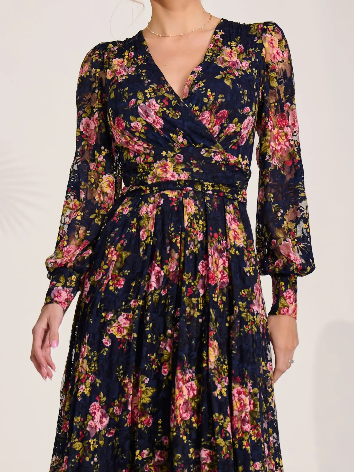 Jolie Moi Occasion Dresses|Floral Dresses-Long Sleeve Printed Lace Maxi Dress, Navy Pink Floral