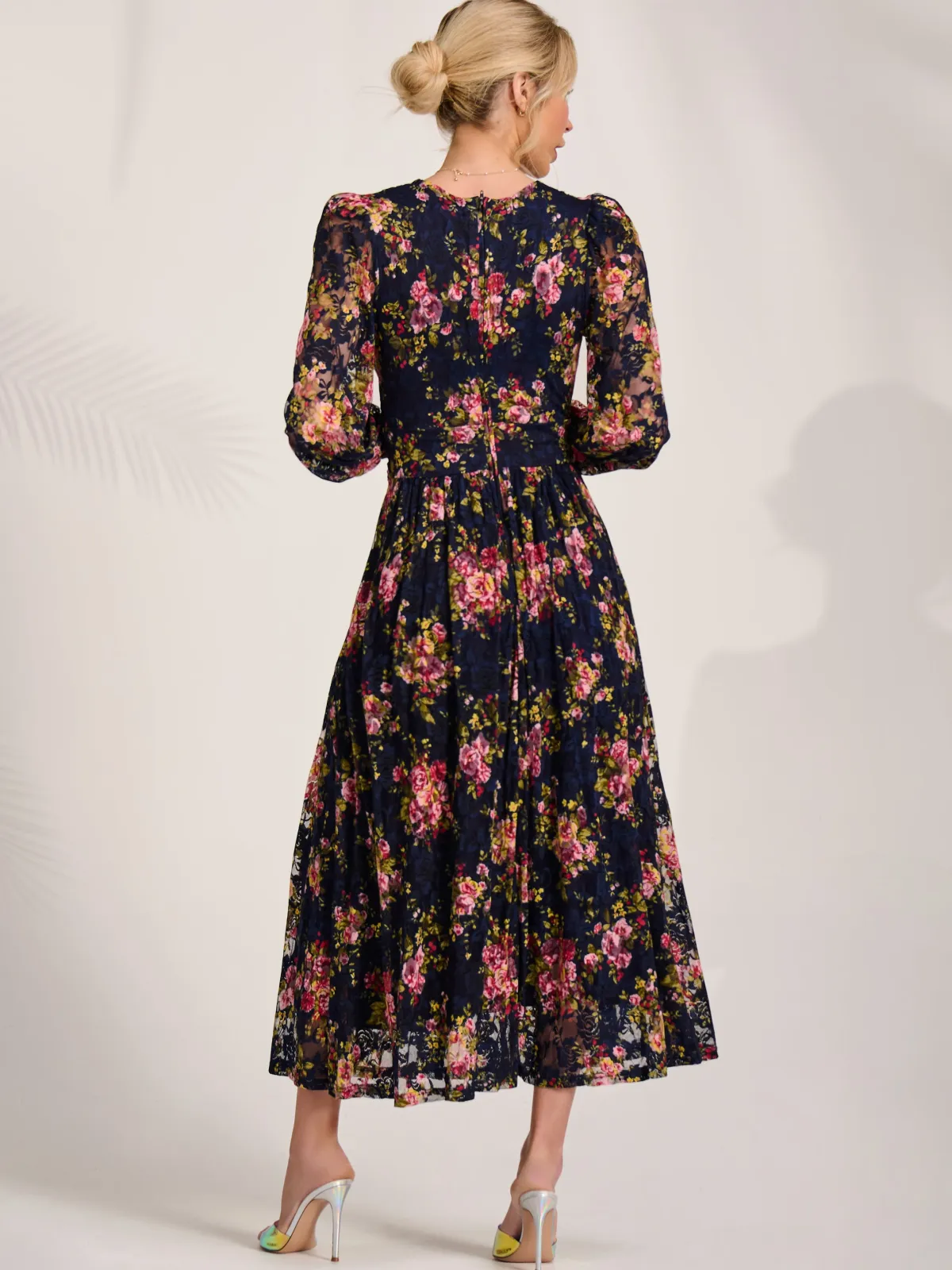 Jolie Moi Occasion Dresses|Floral Dresses-Long Sleeve Printed Lace Maxi Dress, Navy Pink Floral