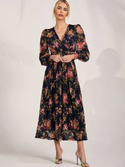 Jolie Moi Occasion Dresses|Floral Dresses-Long Sleeve Printed Lace Maxi Dress, Navy Pink Floral