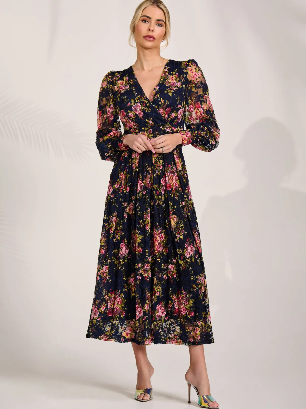 Jolie Moi Occasion Dresses|Floral Dresses-Long Sleeve Printed Lace Maxi Dress, Navy Pink Floral