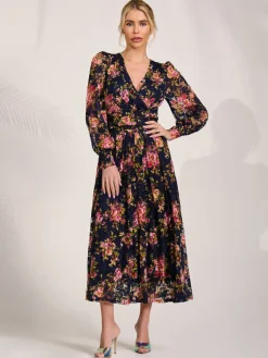 Jolie Moi Occasion Dresses|Floral Dresses-Long Sleeve Printed Lace Maxi Dress, Navy Pink Floral