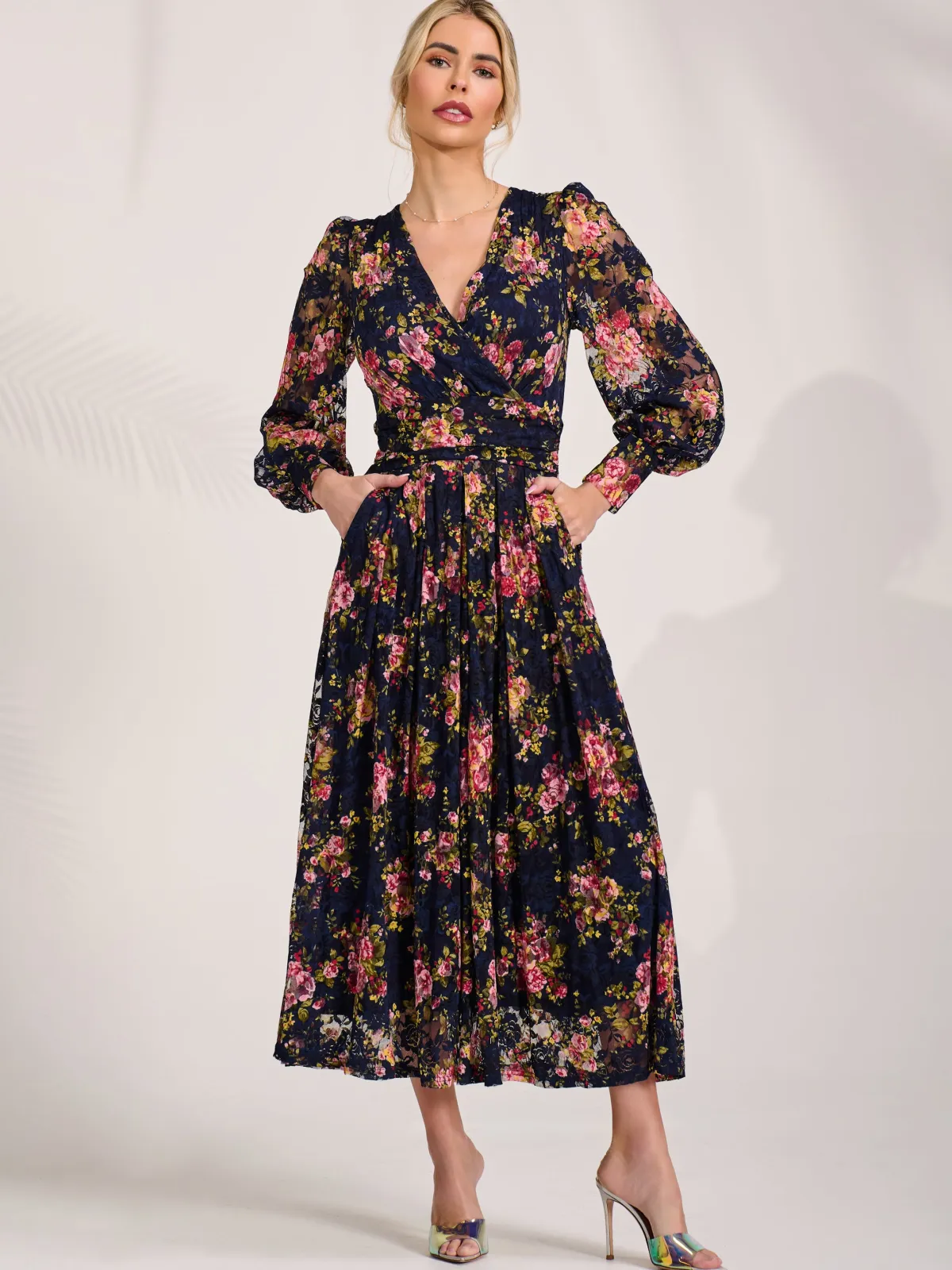 Jolie Moi Occasion Dresses|Floral Dresses-Long Sleeve Printed Lace Maxi Dress, Navy Pink Floral