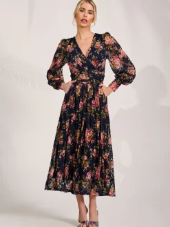 Jolie Moi Occasion Dresses|Floral Dresses-Long Sleeve Printed Lace Maxi Dress, Navy Pink Floral