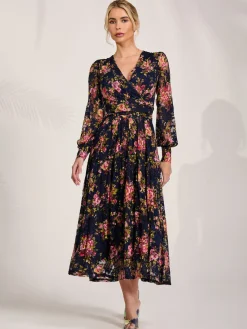Jolie Moi Occasion Dresses|Floral Dresses-Long Sleeve Printed Lace Maxi Dress, Navy Pink Floral