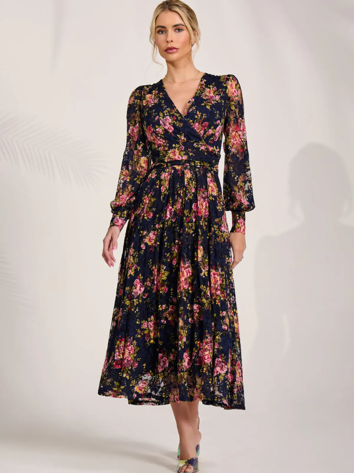 Jolie Moi Occasion Dresses|Floral Dresses-Long Sleeve Printed Lace Maxi Dress, Navy Pink Floral