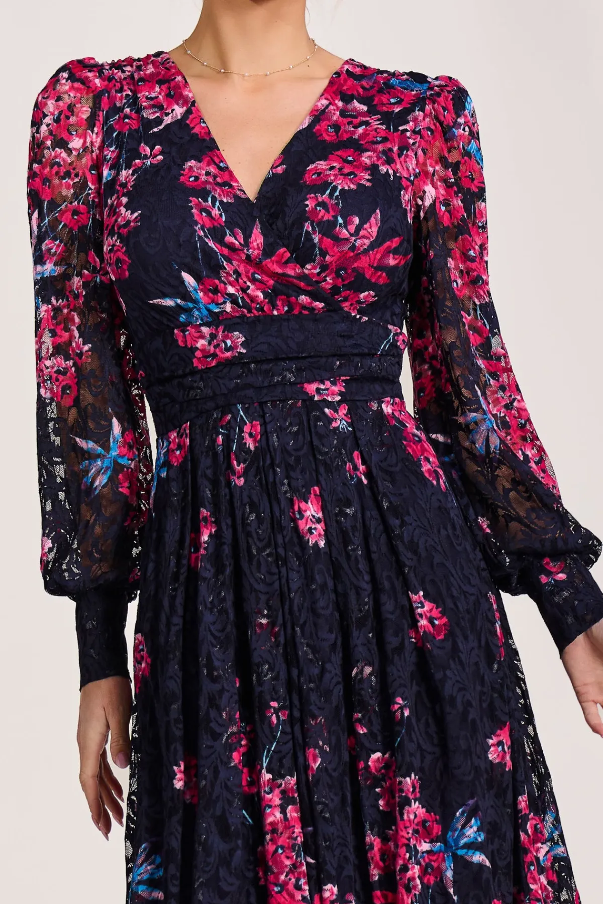 Jolie Moi Occasion Dresses|Floral Dresses-Long Sleeve Printed Lace Maxi Dress, Pink Multi