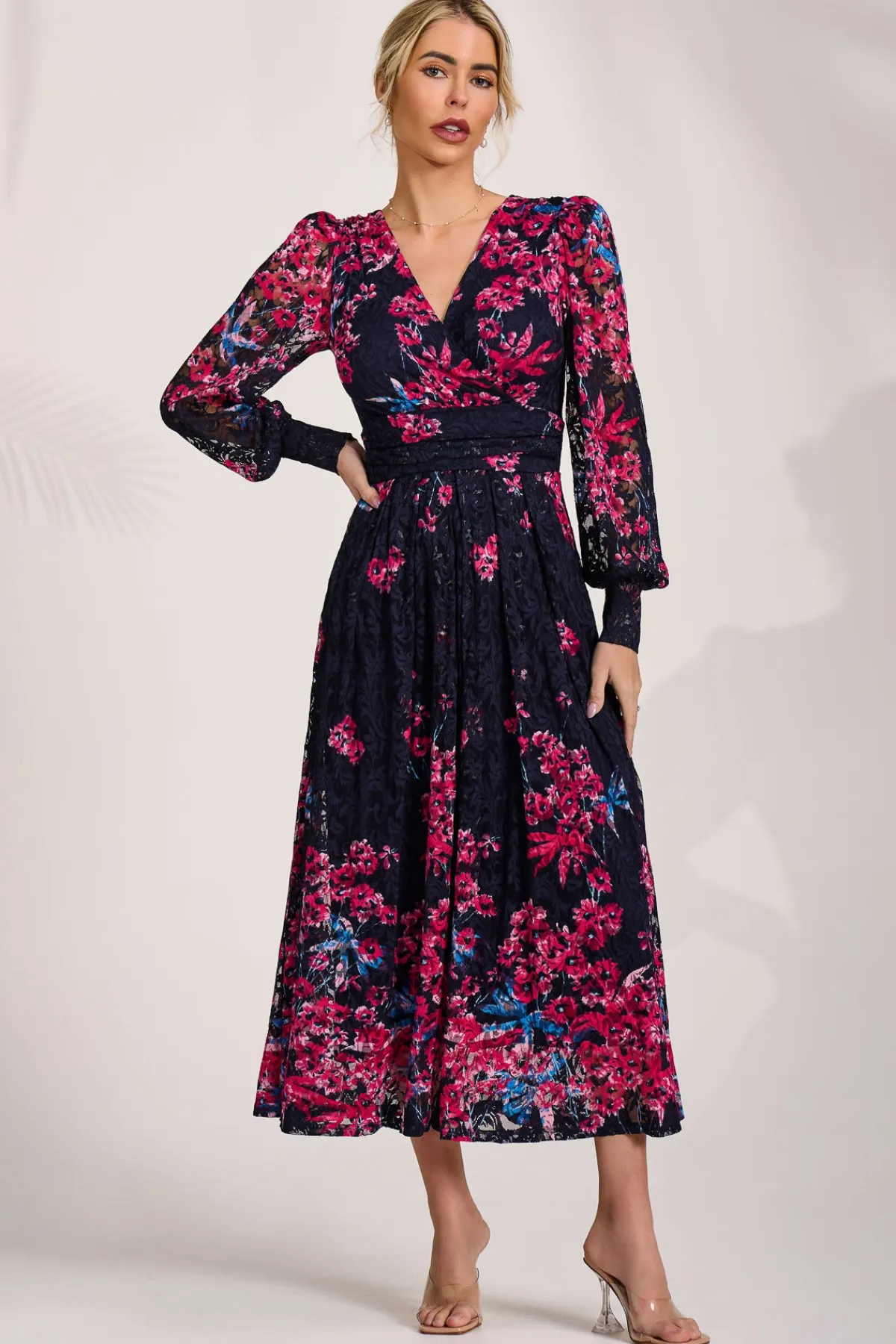 Jolie Moi Occasion Dresses|Floral Dresses-Long Sleeve Printed Lace Maxi Dress, Pink Multi
