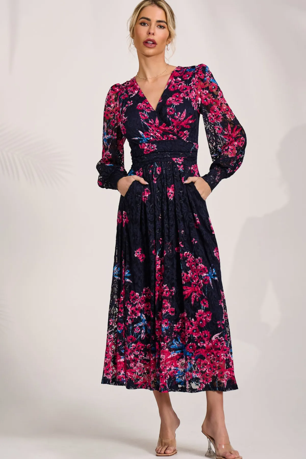 Jolie Moi Occasion Dresses|Floral Dresses-Long Sleeve Printed Lace Maxi Dress, Pink Multi