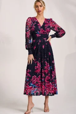 Jolie Moi Occasion Dresses|Floral Dresses-Long Sleeve Printed Lace Maxi Dress, Pink Multi
