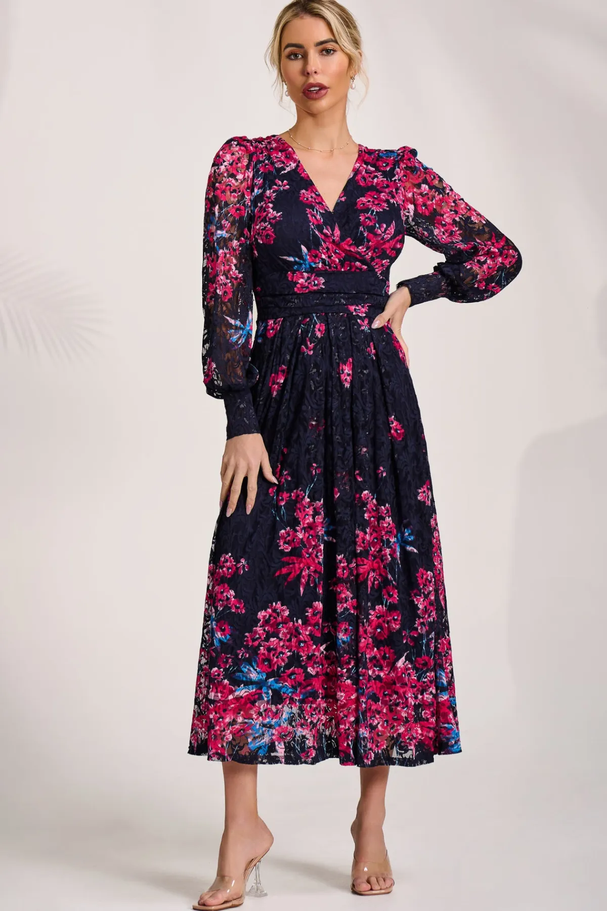 Jolie Moi Occasion Dresses|Floral Dresses-Long Sleeve Printed Lace Maxi Dress, Pink Multi