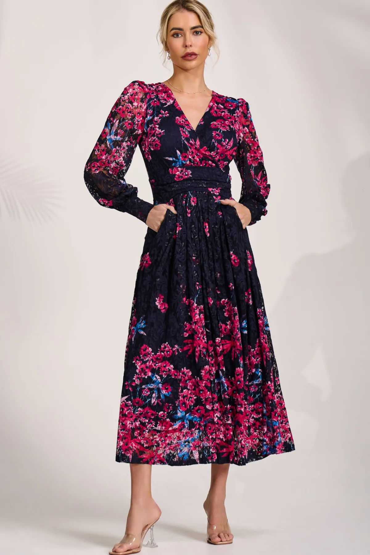 Jolie Moi Occasion Dresses|Floral Dresses-Long Sleeve Printed Lace Maxi Dress, Pink Multi