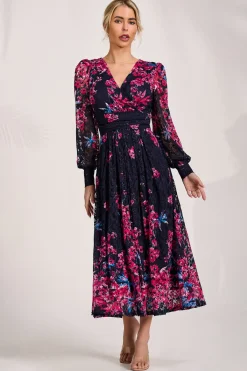 Jolie Moi Occasion Dresses|Floral Dresses-Long Sleeve Printed Lace Maxi Dress, Pink Multi