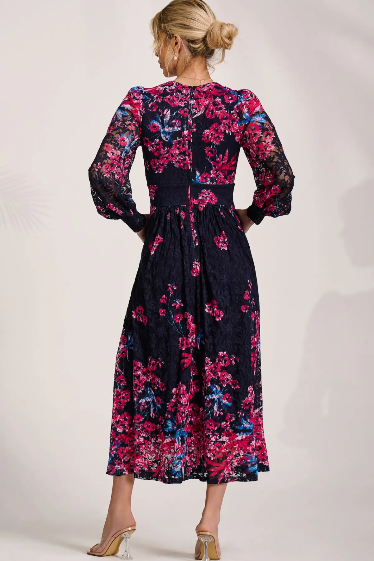 Jolie Moi Occasion Dresses|Floral Dresses-Long Sleeve Printed Lace Maxi Dress, Pink Multi