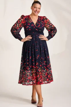 Jolie Moi Occasion Dresses|Floral Dresses-Long Sleeve Printed Lace Maxi Dress, Red Floral