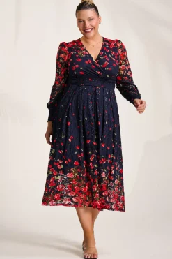 Jolie Moi Occasion Dresses|Floral Dresses-Long Sleeve Printed Lace Maxi Dress, Red Floral