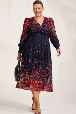 Jolie Moi Occasion Dresses|Floral Dresses-Long Sleeve Printed Lace Maxi Dress, Red Floral
