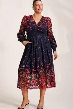 Jolie Moi Occasion Dresses|Floral Dresses-Long Sleeve Printed Lace Maxi Dress, Red Floral