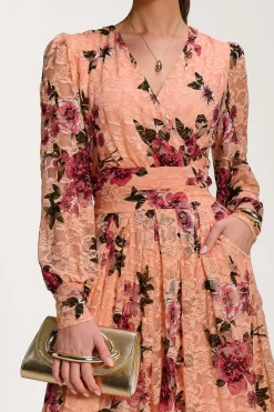 Jolie Moi Floral Dresses|Long Sleeved Dresses-Long Sleeve Printed Lace Midaxi Dress, Coral Floral