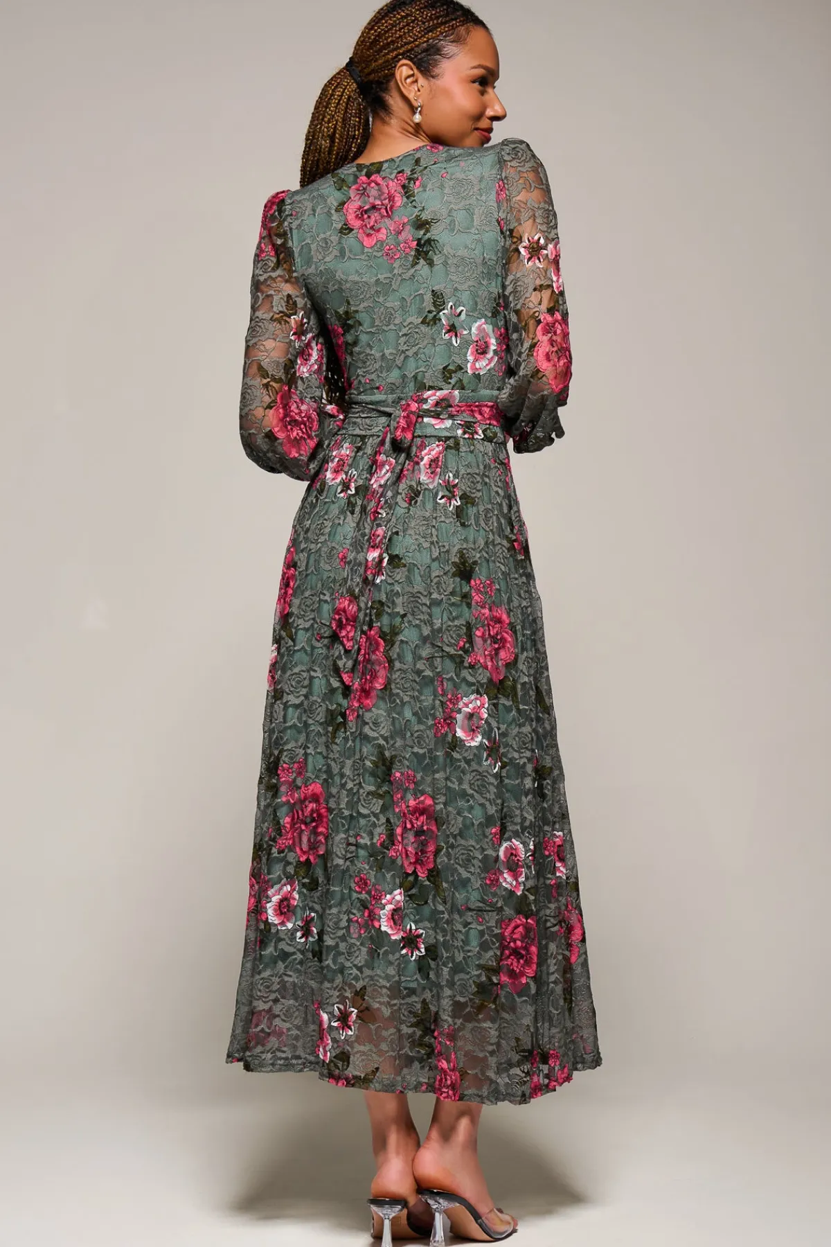 Jolie Moi Occasion Dresses|Floral Dresses-Long Sleeve Printed Lace Midaxi Dress, Green Floral