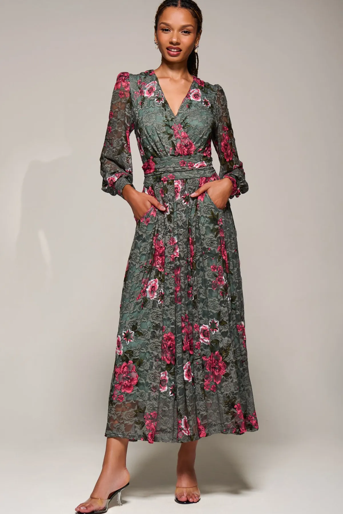 Jolie Moi Occasion Dresses|Floral Dresses-Long Sleeve Printed Lace Midaxi Dress, Green Floral