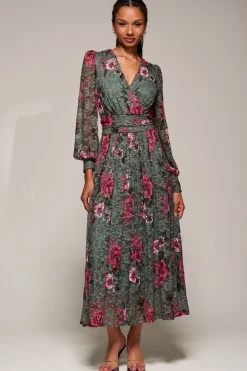 Jolie Moi Occasion Dresses|Floral Dresses-Long Sleeve Printed Lace Midaxi Dress, Green Floral