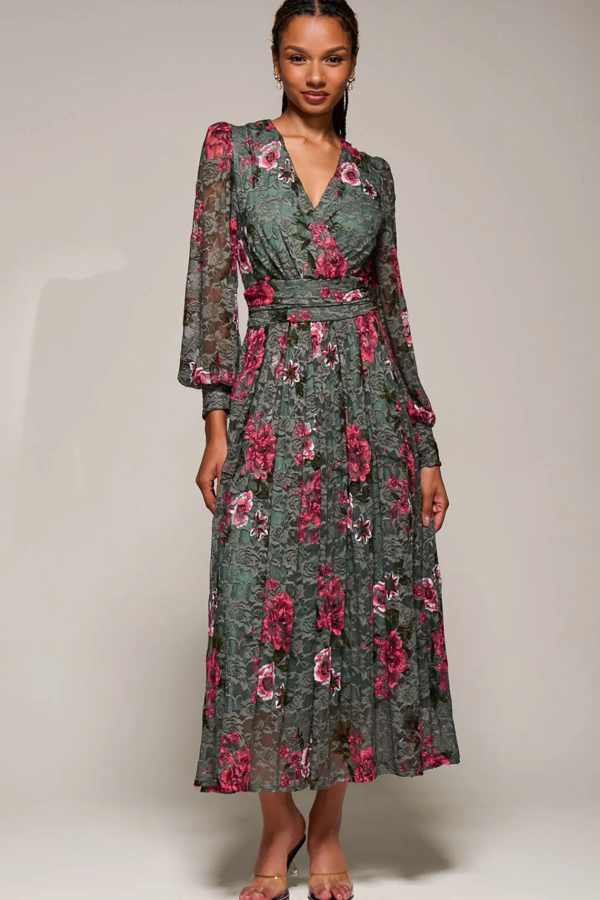 Jolie Moi Occasion Dresses|Floral Dresses-Long Sleeve Printed Lace Midaxi Dress, Green Floral