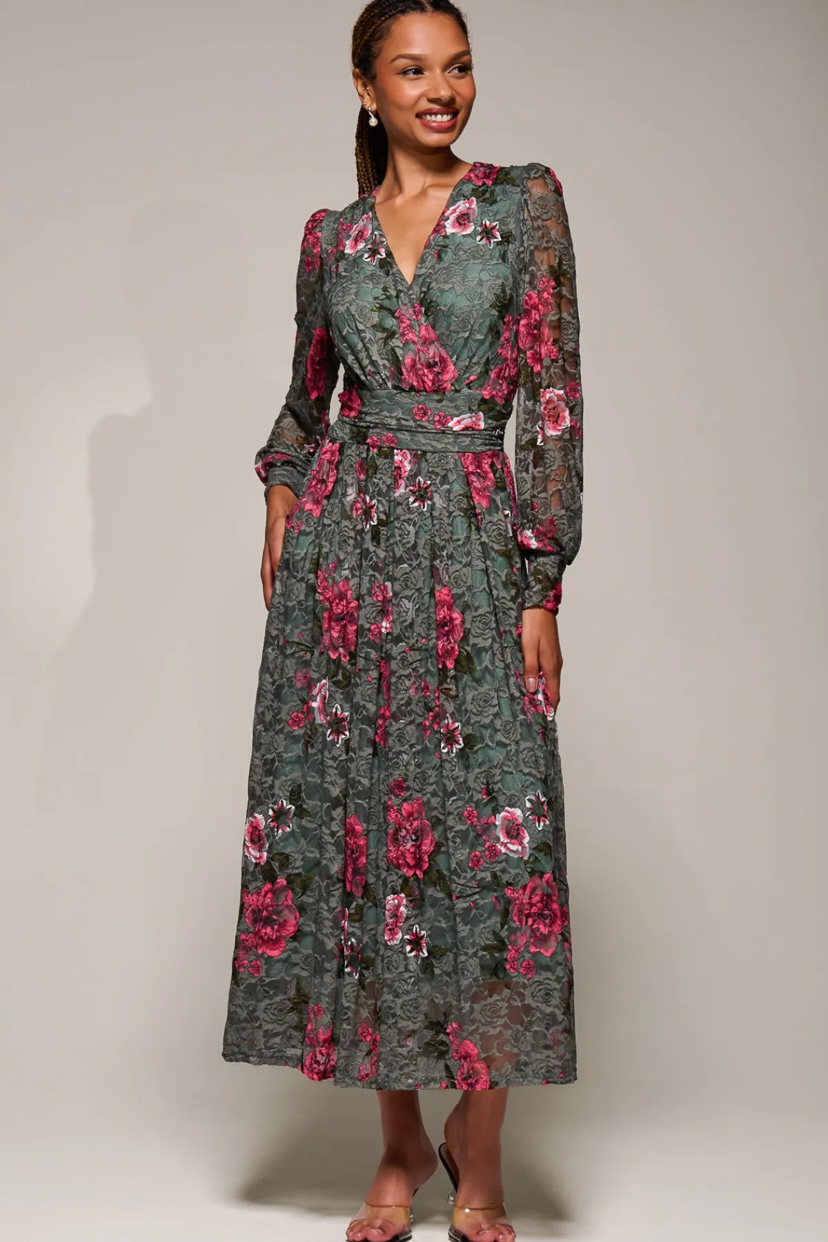 Jolie Moi Occasion Dresses|Floral Dresses-Long Sleeve Printed Lace Midaxi Dress, Green Floral