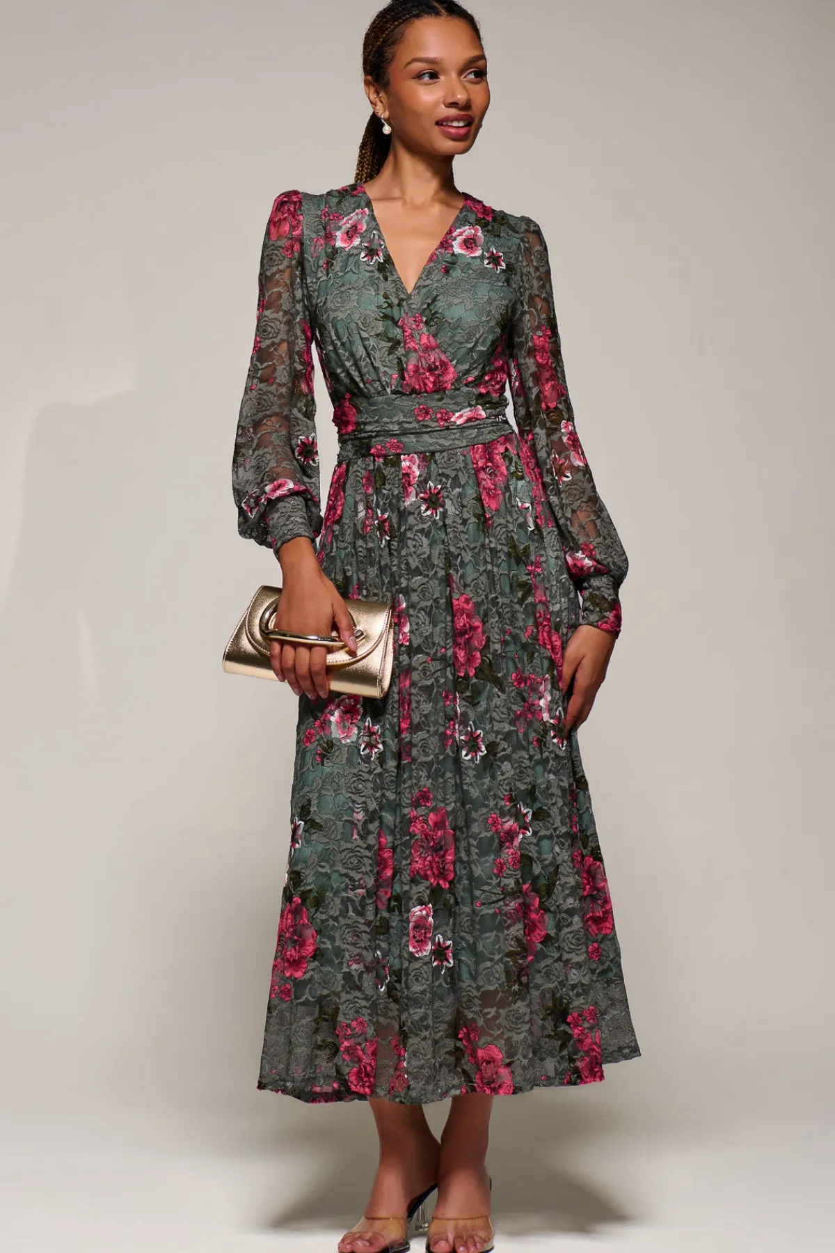 Jolie Moi Occasion Dresses|Floral Dresses-Long Sleeve Printed Lace Midaxi Dress, Green Floral
