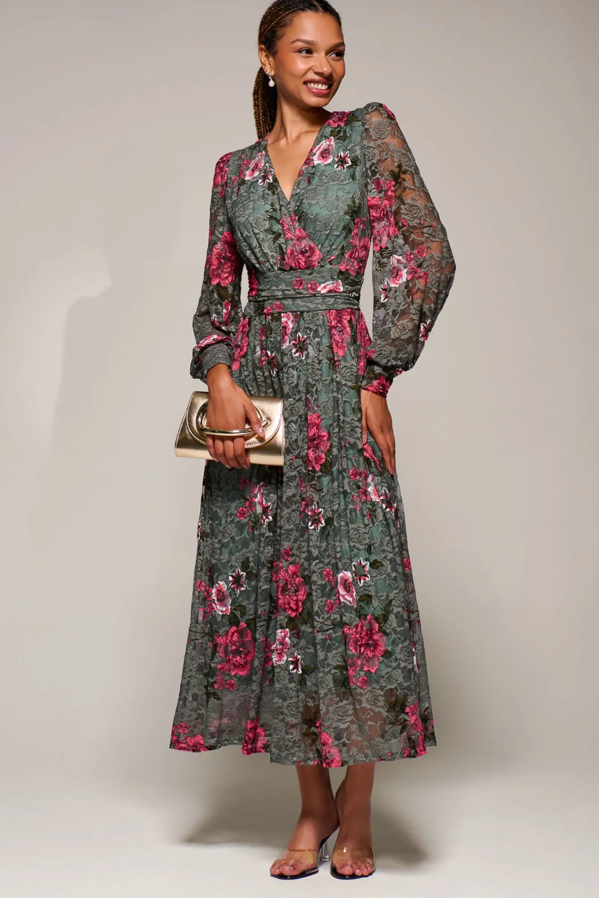 Jolie Moi Occasion Dresses|Floral Dresses-Long Sleeve Printed Lace Midaxi Dress, Green Floral