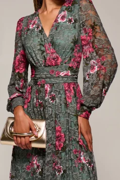 Jolie Moi Occasion Dresses|Floral Dresses-Long Sleeve Printed Lace Midaxi Dress, Green Floral