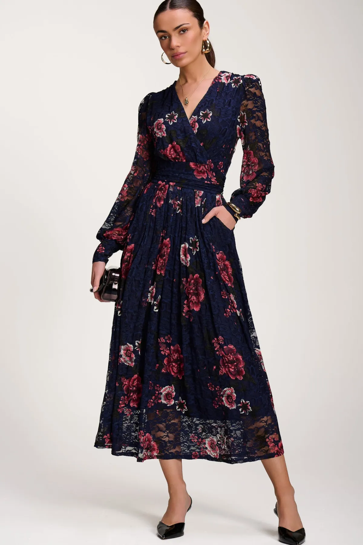 Jolie Moi Occasion Dresses|Floral Dresses-Long Sleeve Printed Lace Midaxi Dress, Navy Floral