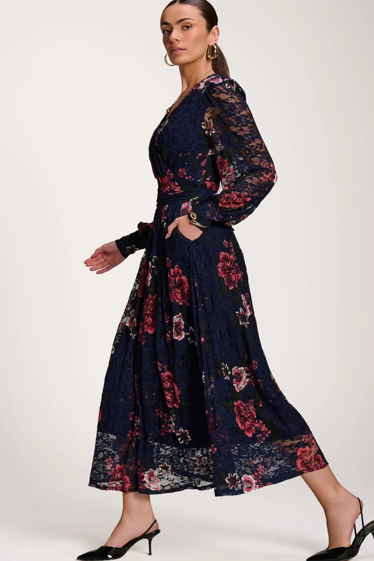 Jolie Moi Occasion Dresses|Floral Dresses-Long Sleeve Printed Lace Midaxi Dress, Navy Floral