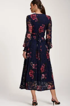 Jolie Moi Occasion Dresses|Floral Dresses-Long Sleeve Printed Lace Midaxi Dress, Navy Floral