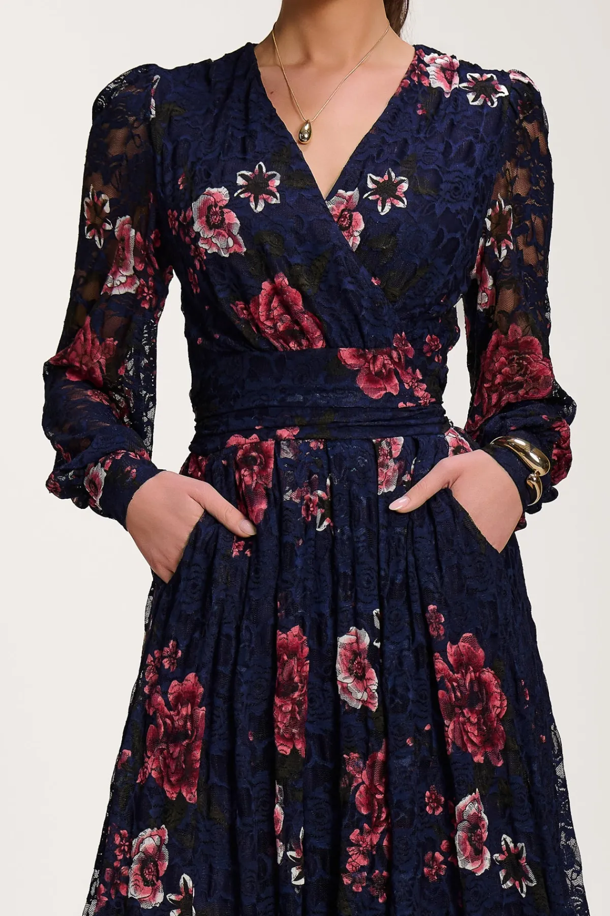 Jolie Moi Occasion Dresses|Floral Dresses-Long Sleeve Printed Lace Midaxi Dress, Navy Floral