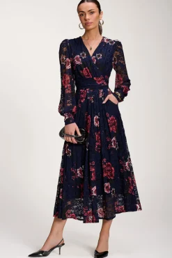 Jolie Moi Occasion Dresses|Floral Dresses-Long Sleeve Printed Lace Midaxi Dress, Navy Floral