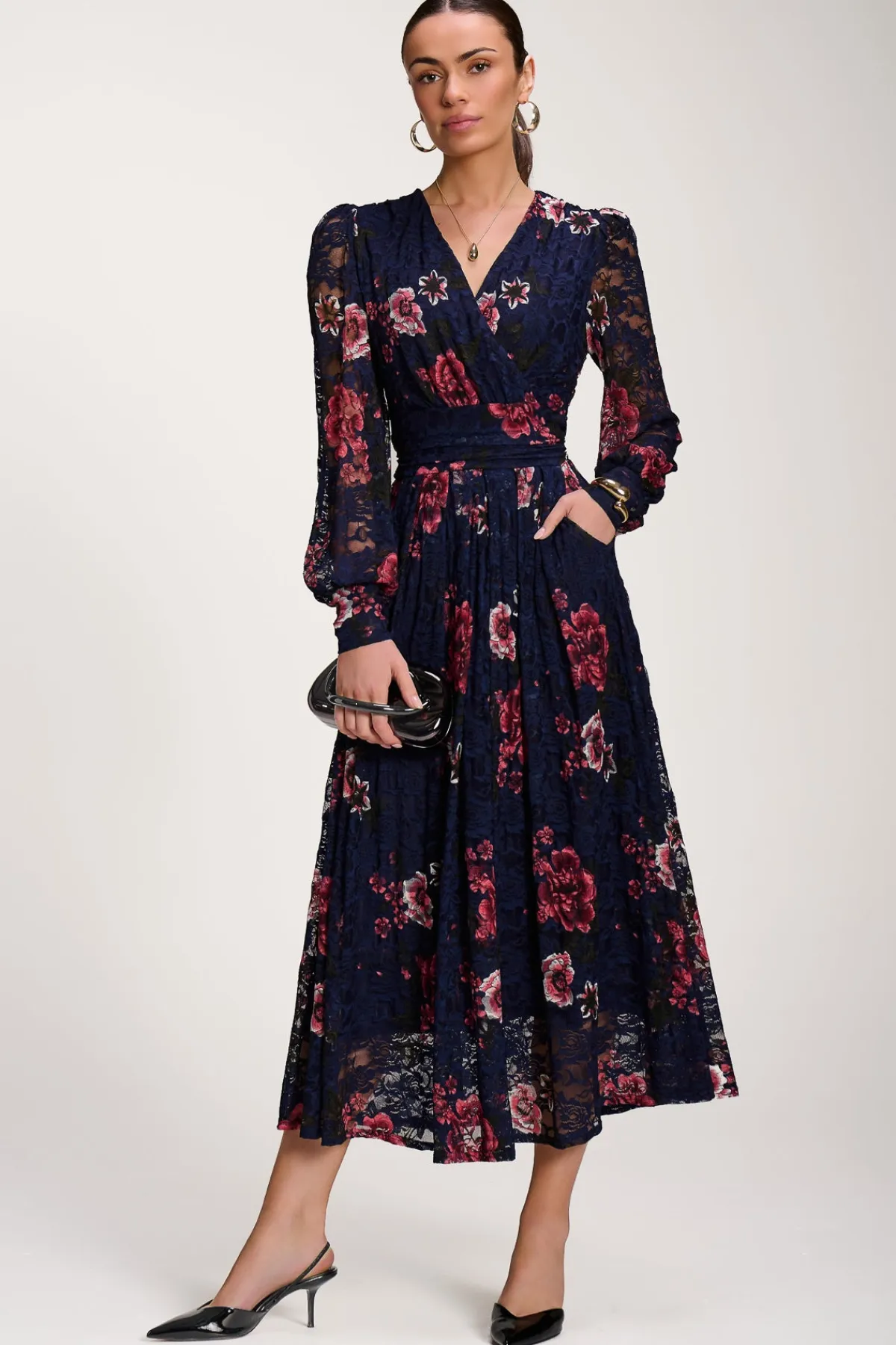 Jolie Moi Occasion Dresses|Floral Dresses-Long Sleeve Printed Lace Midaxi Dress, Navy Floral