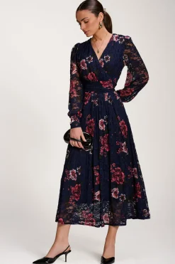 Jolie Moi Occasion Dresses|Floral Dresses-Long Sleeve Printed Lace Midaxi Dress, Navy Floral