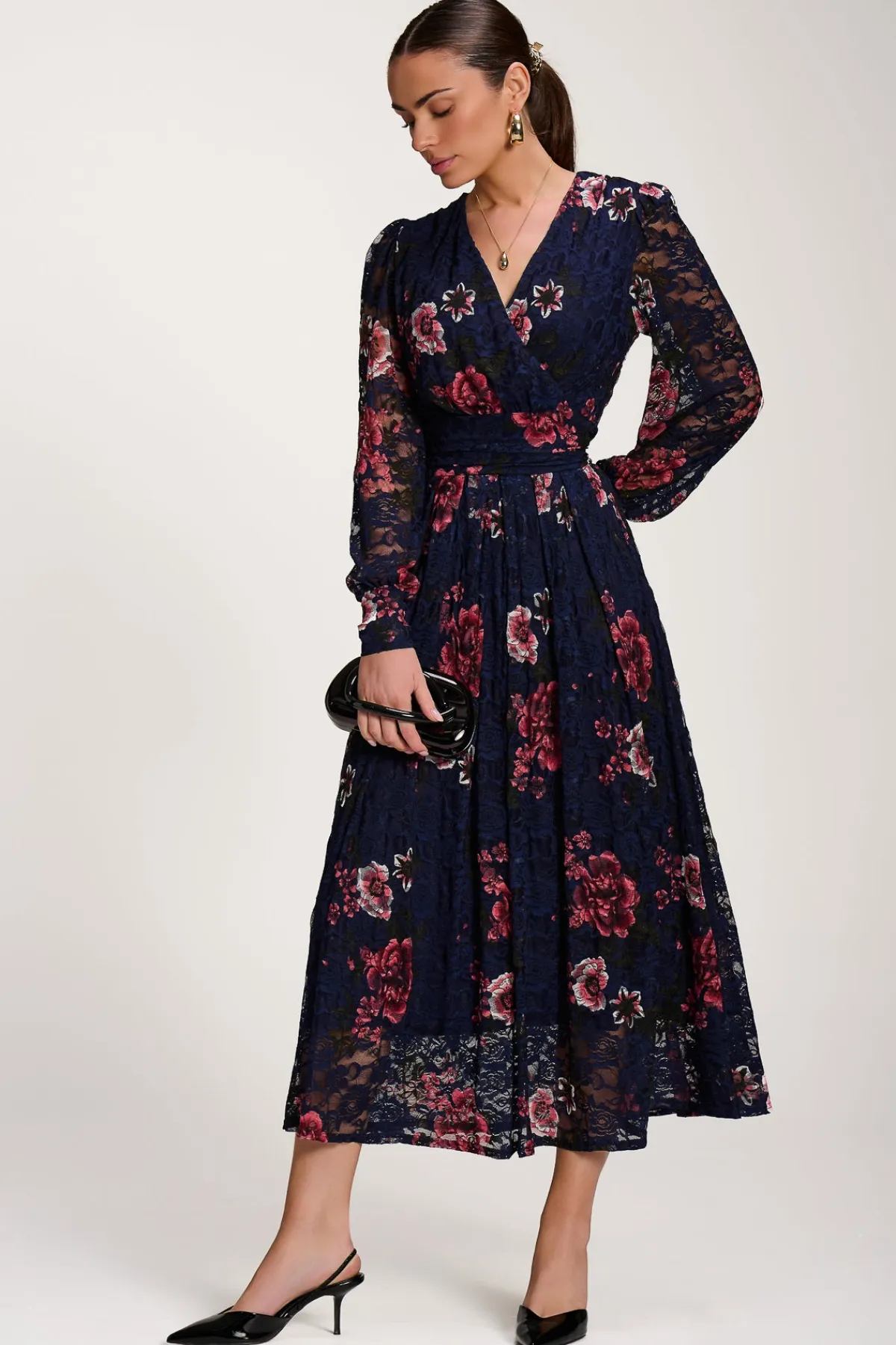 Jolie Moi Occasion Dresses|Floral Dresses-Long Sleeve Printed Lace Midaxi Dress, Navy Floral