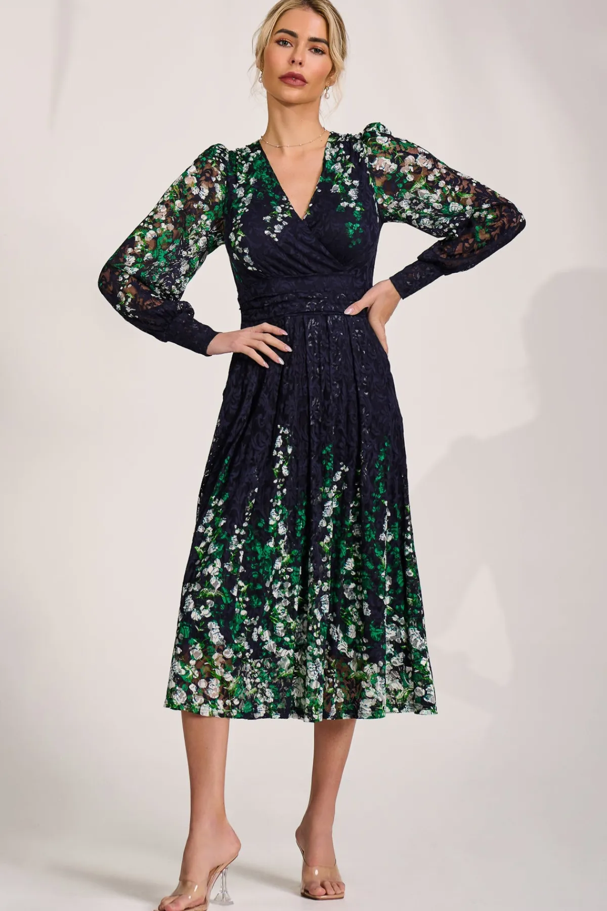 Jolie Moi Occasion Dresses|Signature Lace-Long Sleeve Printed Lace Midi Dress, Green Multi