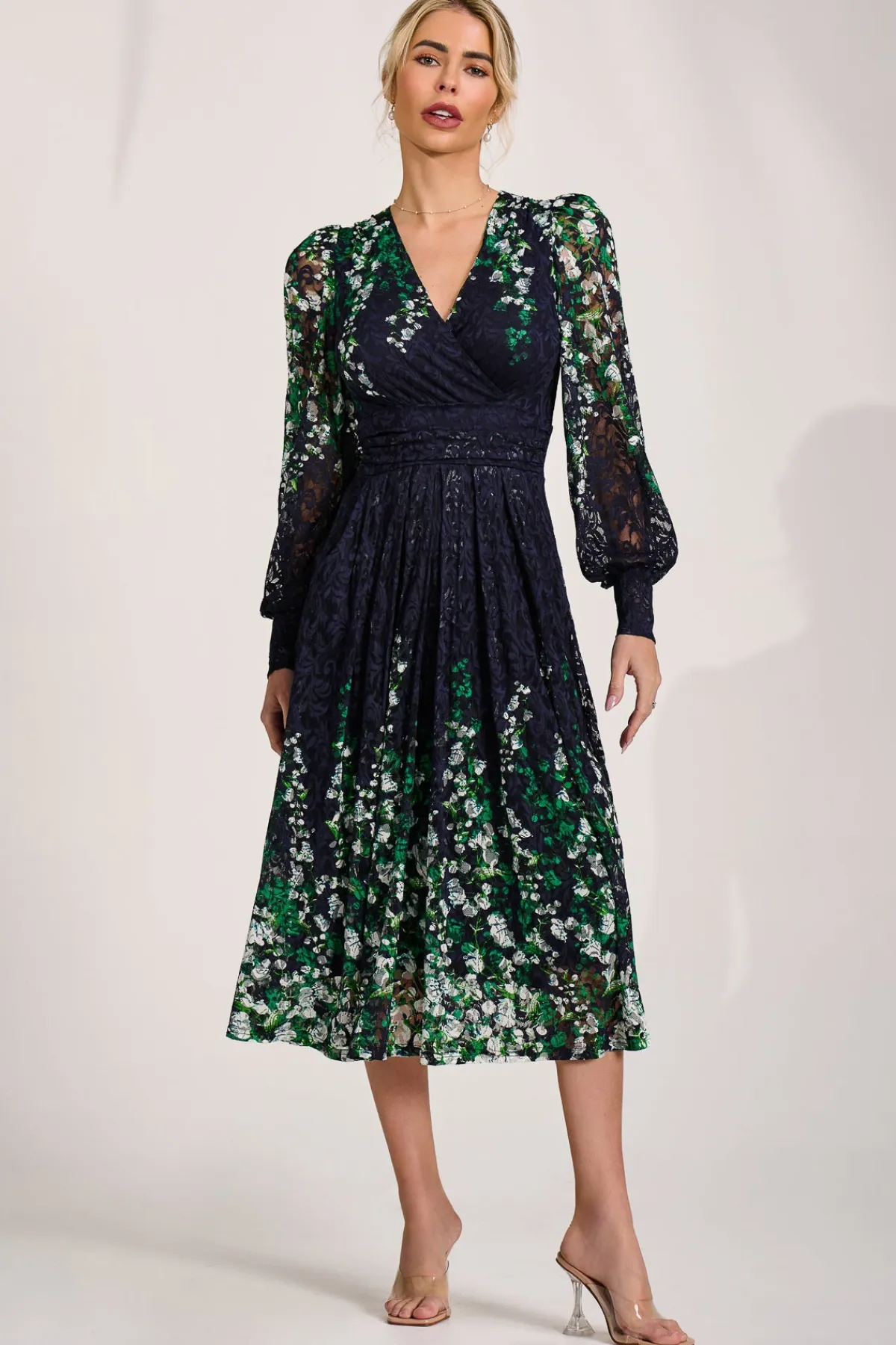 Jolie Moi Occasion Dresses|Signature Lace-Long Sleeve Printed Lace Midi Dress, Green Multi