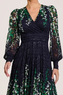Jolie Moi Occasion Dresses|Signature Lace-Long Sleeve Printed Lace Midi Dress, Green Multi