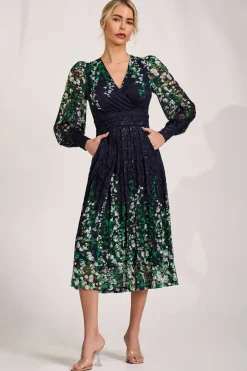 Jolie Moi Occasion Dresses|Signature Lace-Long Sleeve Printed Lace Midi Dress, Green Multi