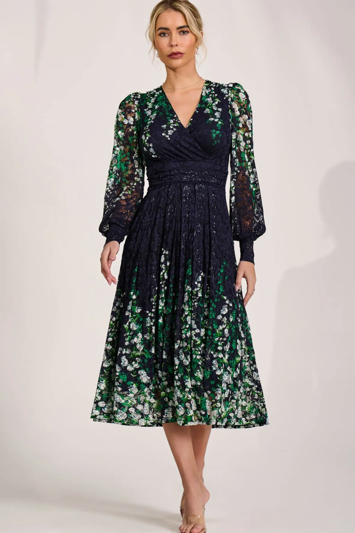 Jolie Moi Occasion Dresses|Signature Lace-Long Sleeve Printed Lace Midi Dress, Green Multi