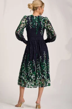 Jolie Moi Occasion Dresses|Signature Lace-Long Sleeve Printed Lace Midi Dress, Green Multi