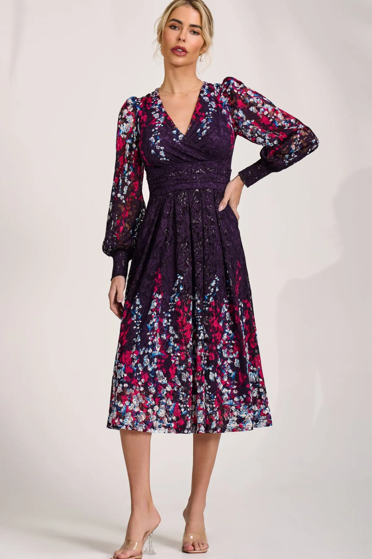 Jolie Moi Occasion Dresses|Signature Lace-Long Sleeve Printed Lace Midi Dress, Purple Multi
