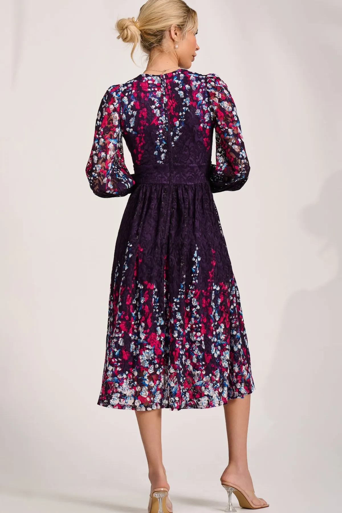 Jolie Moi Occasion Dresses|Signature Lace-Long Sleeve Printed Lace Midi Dress, Purple Multi