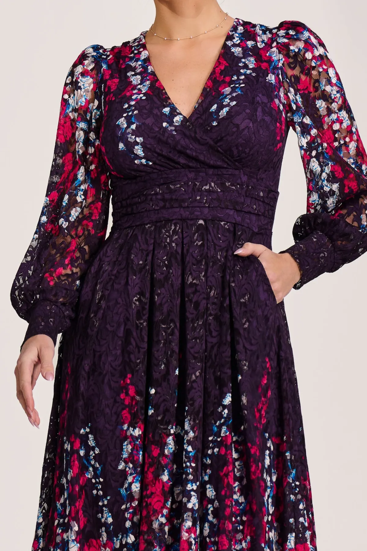 Jolie Moi Occasion Dresses|Signature Lace-Long Sleeve Printed Lace Midi Dress, Purple Multi